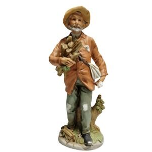 Rustic Italian Capodimonte Style‎ Woodsman Figurine Firewood Cabin Decor 10"